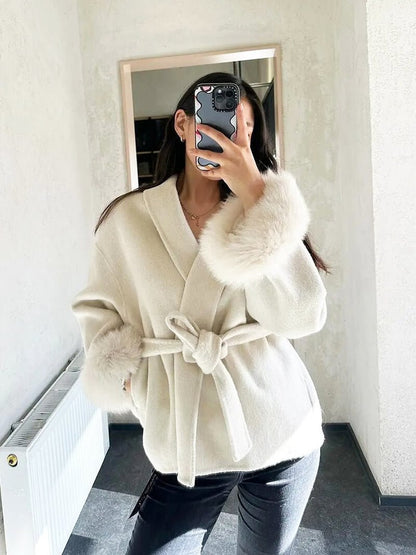 BELORA Apolline belted wrap coat with faux fur cuffs