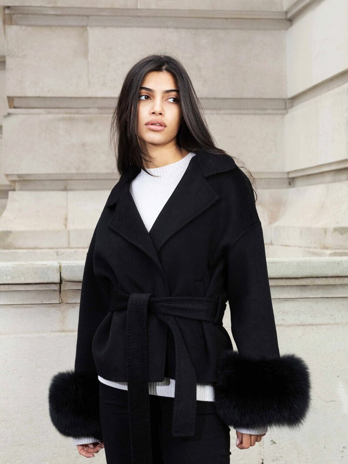 BELORA Apolline belted wrap coat with faux fur cuffs