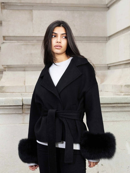 BELORA Apolline belted wrap coat with faux fur cuffs