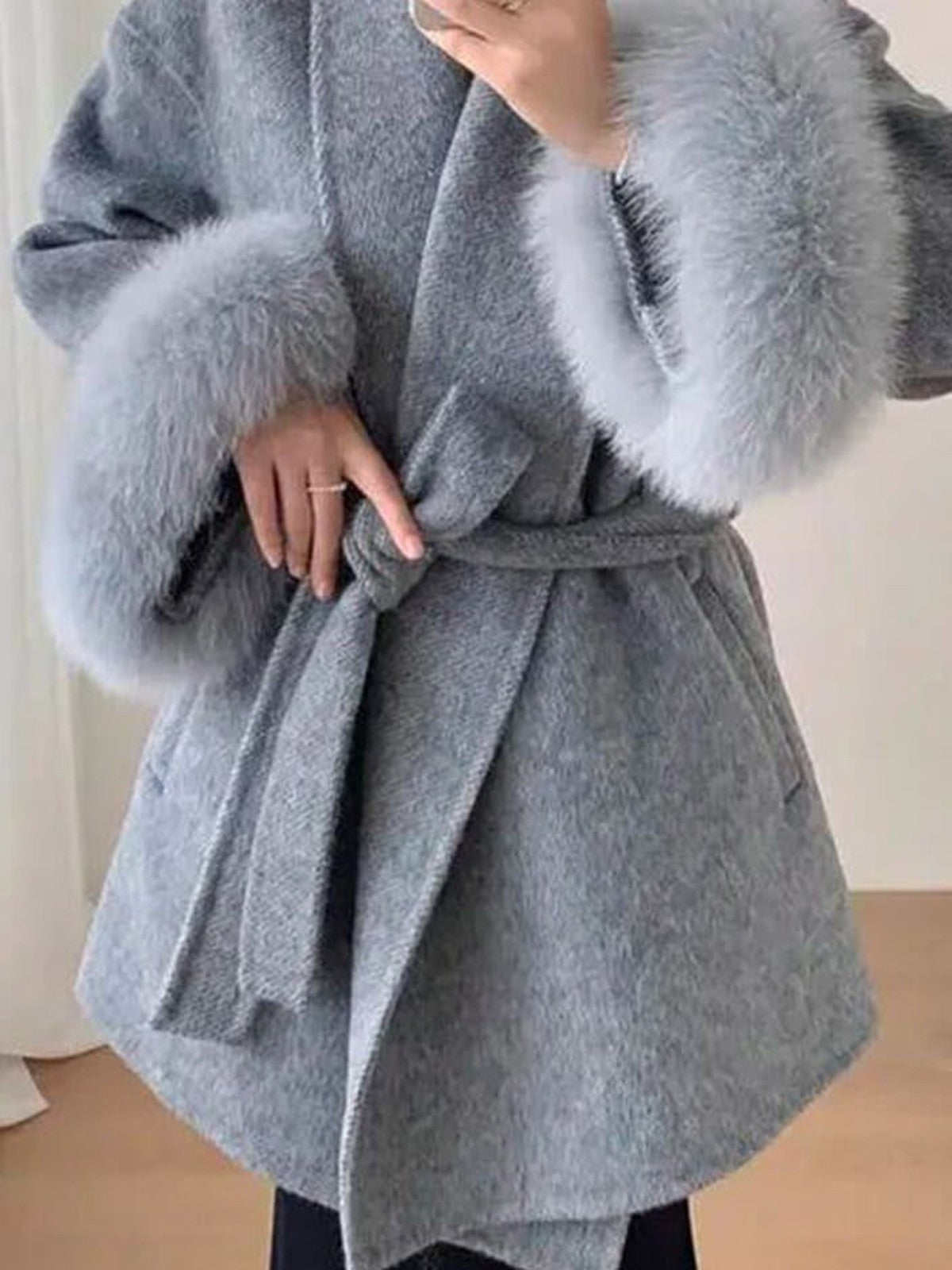 BELORA Apolline belted wrap coat with faux fur cuffs