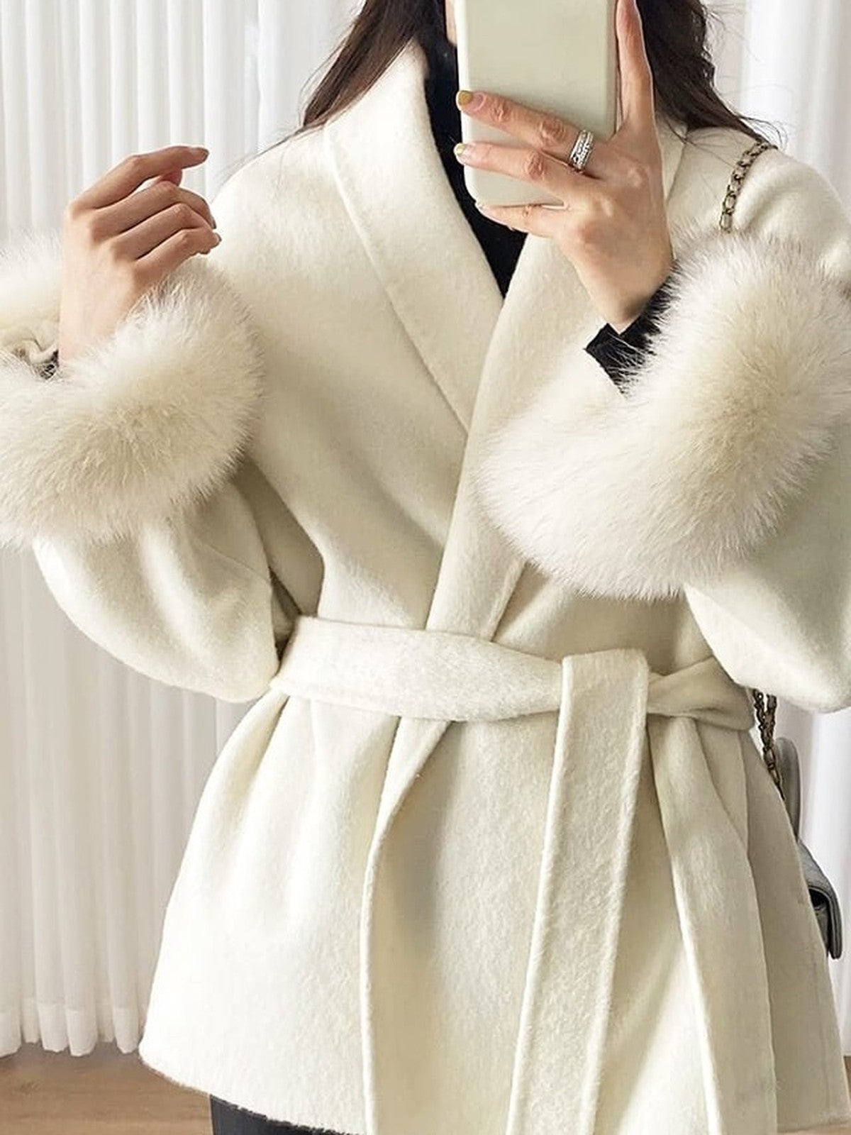 BELORA Apolline belted wrap coat with faux fur cuffs