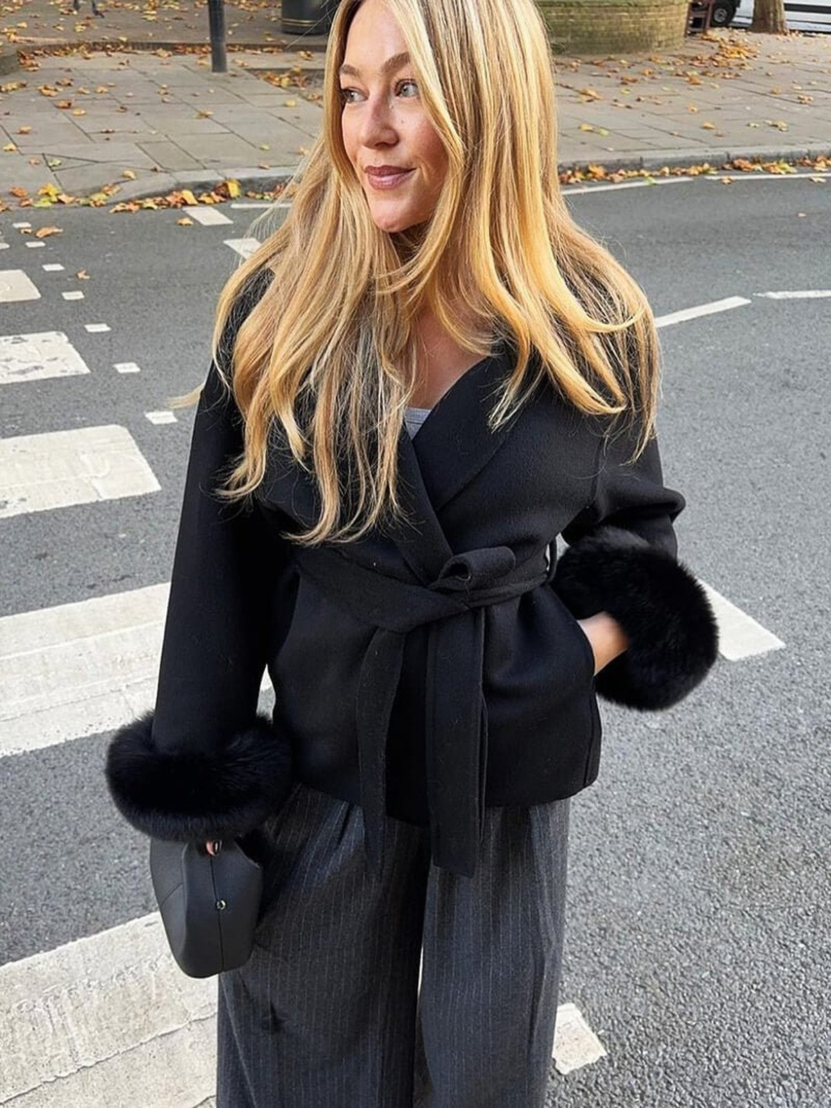 BELORA Apolline belted wrap coat with faux fur cuffs