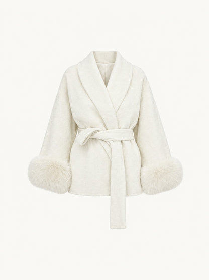 BELORA Apolline belted wrap coat with faux fur cuffs