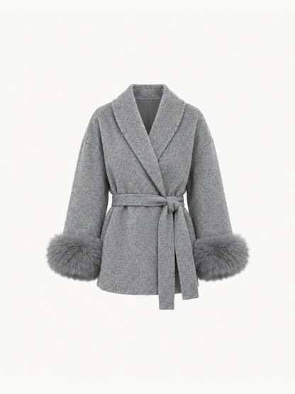 BELORA Apolline belted wrap coat with faux fur cuffs
