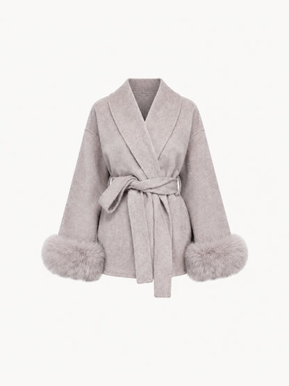 BELORA Apolline belted wrap coat with faux fur cuffs