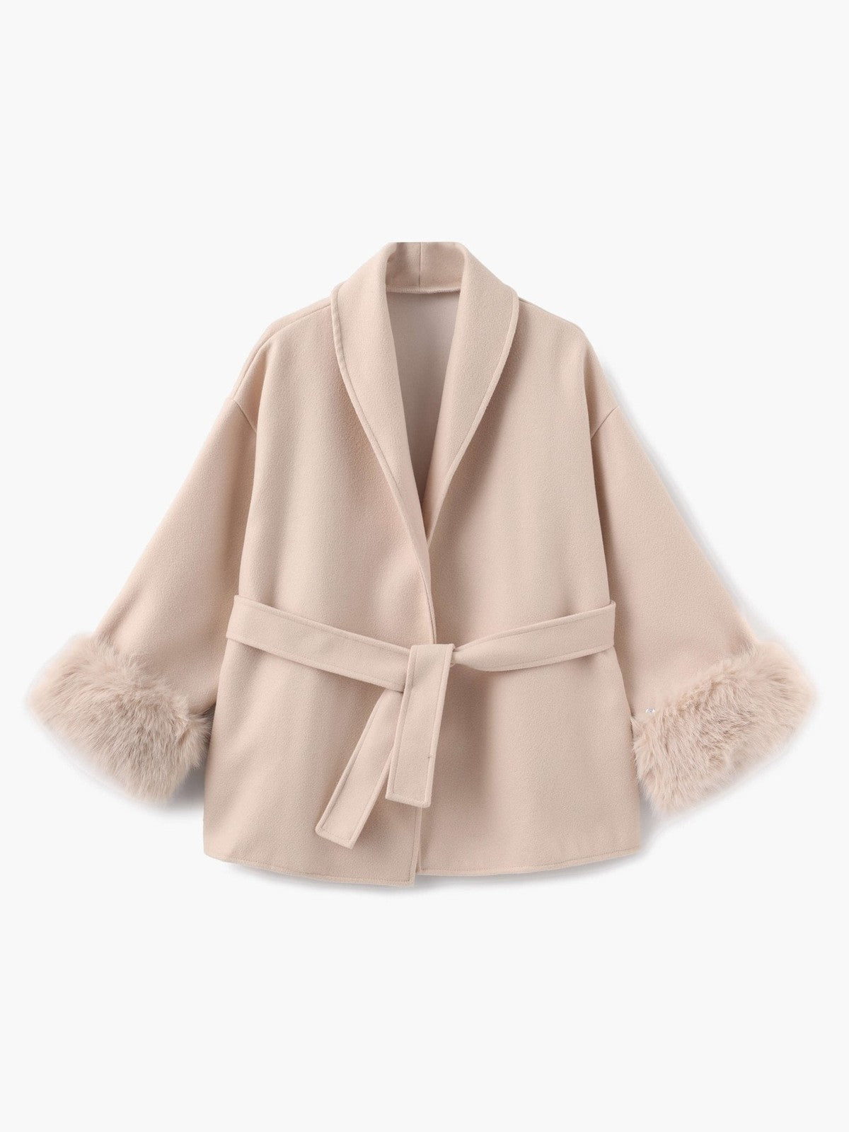 BELORA Apolline belted wrap coat with faux fur cuffs