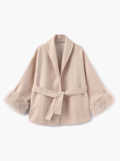 BELORA Apolline belted wrap coat with faux fur cuffs