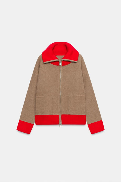 BELORA Lucie camel and red zip-up knit cardigan