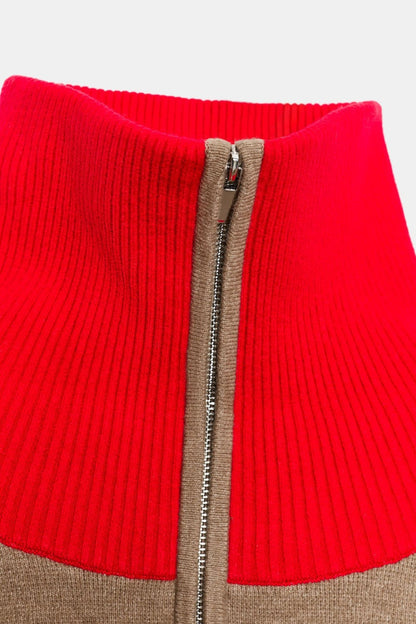 BELORA Lucie red ribbed collar and zip detail