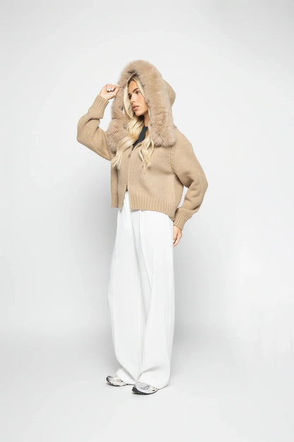 BELORA Ophélie hooded knit jacket beige with hood up