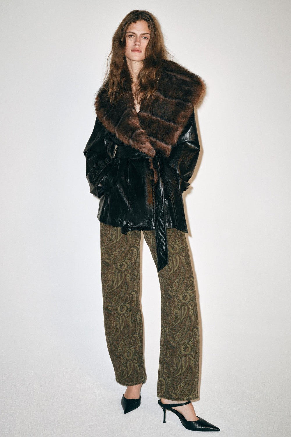BELORA Vera black leather-look trench with fur-effect collar