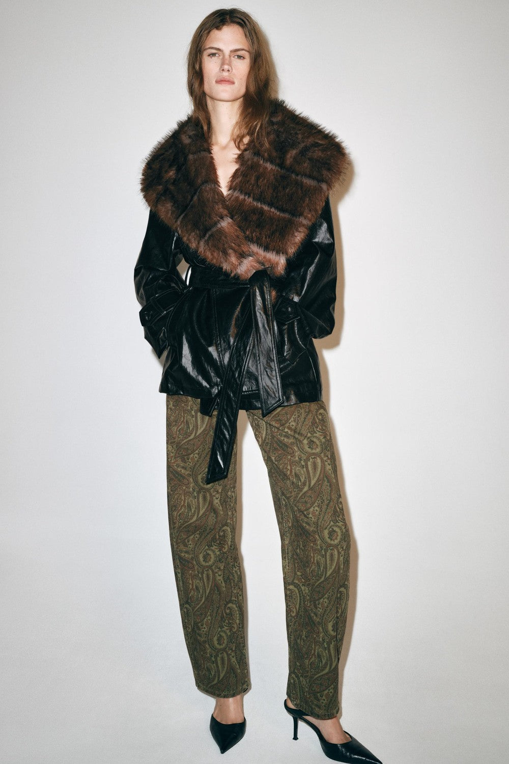 BELORA Vera black leather-look trench with fur-effect collar