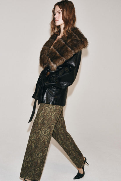 BELORA Vera black leather-look trench with fur-effect collar