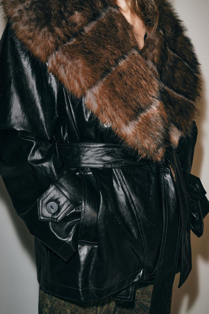 BELORA Vera black leather-look trench with fur-effect collar