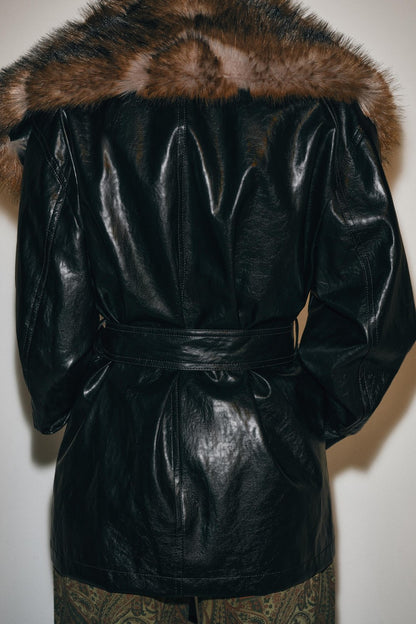 BELORA Vera black leather-look trench with fur-effect collar