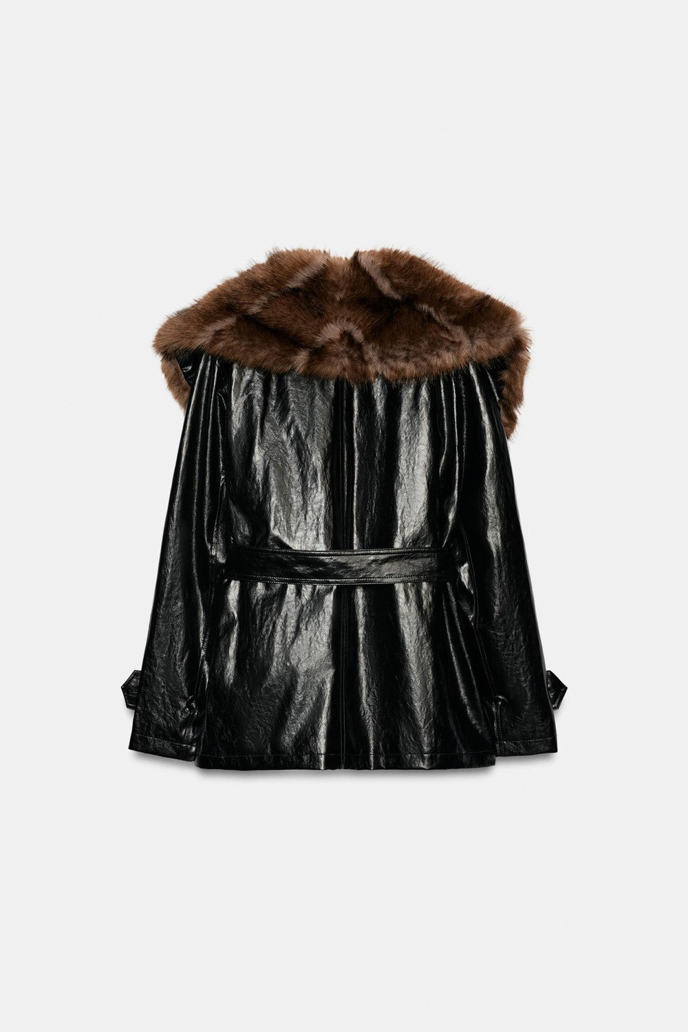 BELORA Vera black leather-look trench with fur-effect collar